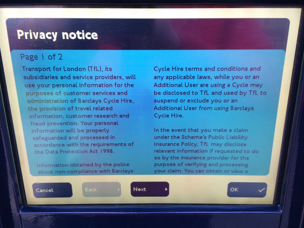 alt Cycle Hire kiosk screen read and accept privacy notice step