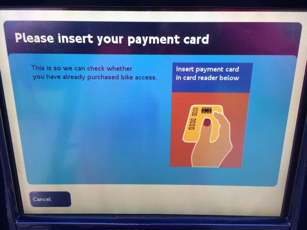 alt Cycle Hire kiosk screen insert payment card step