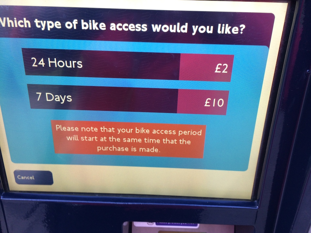 alt Cycle Hire kiosk screen select hire length
