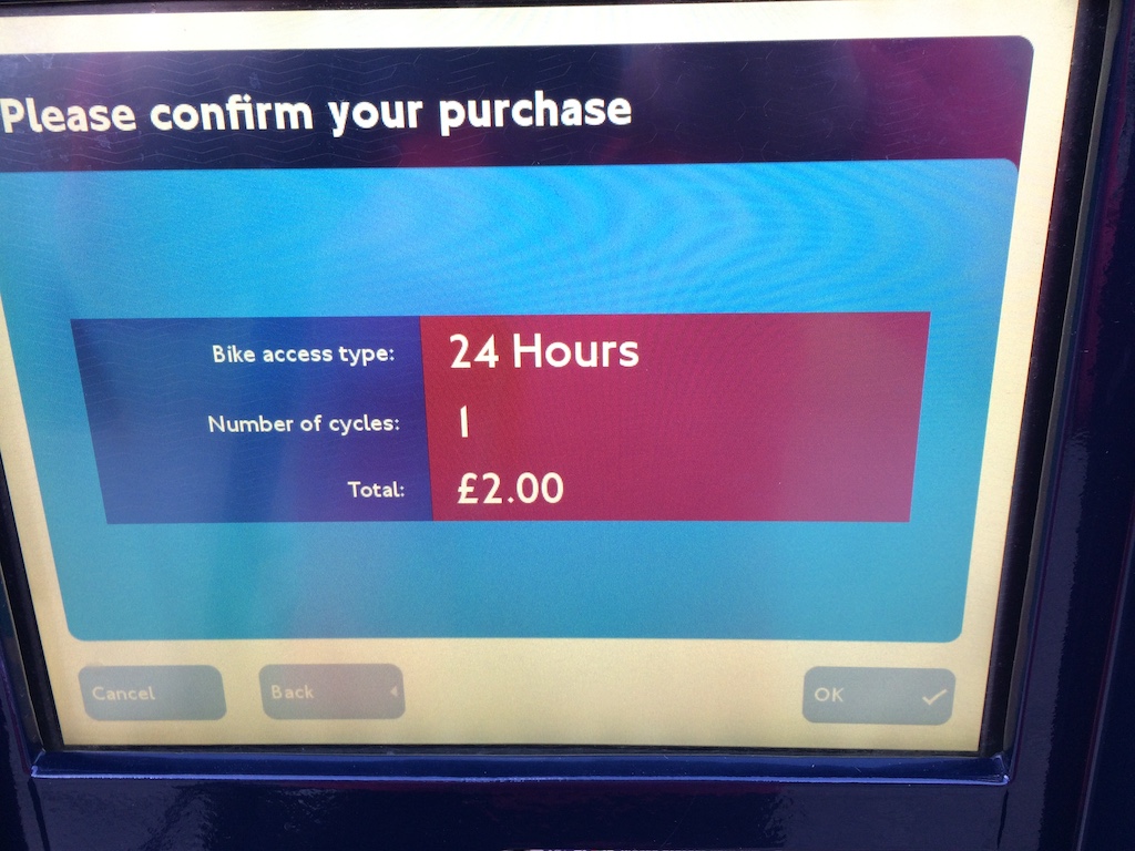 alt Cycle Hire kiosk screen confirm the purchase