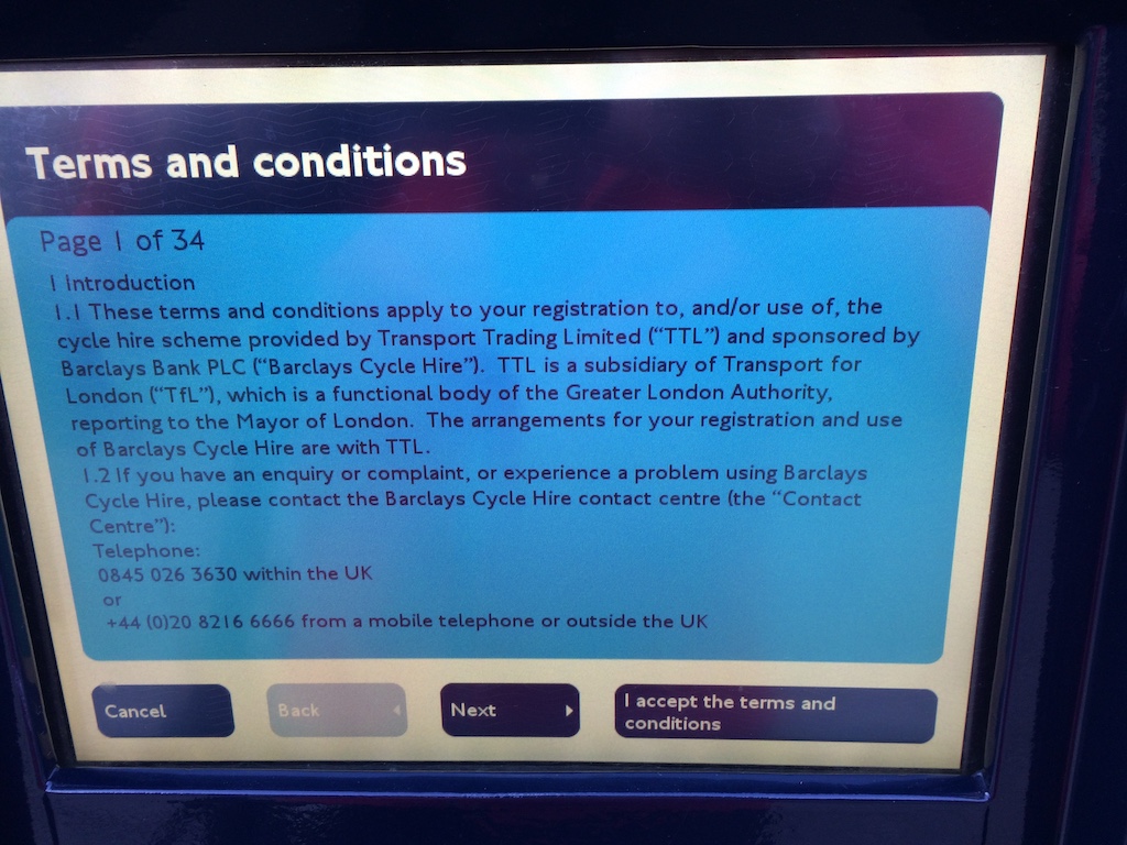 alt Cycle Hire kiosk screen read and accept the terms & conditions