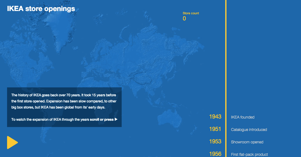 Gif showing a world map with IKEA stores animated in