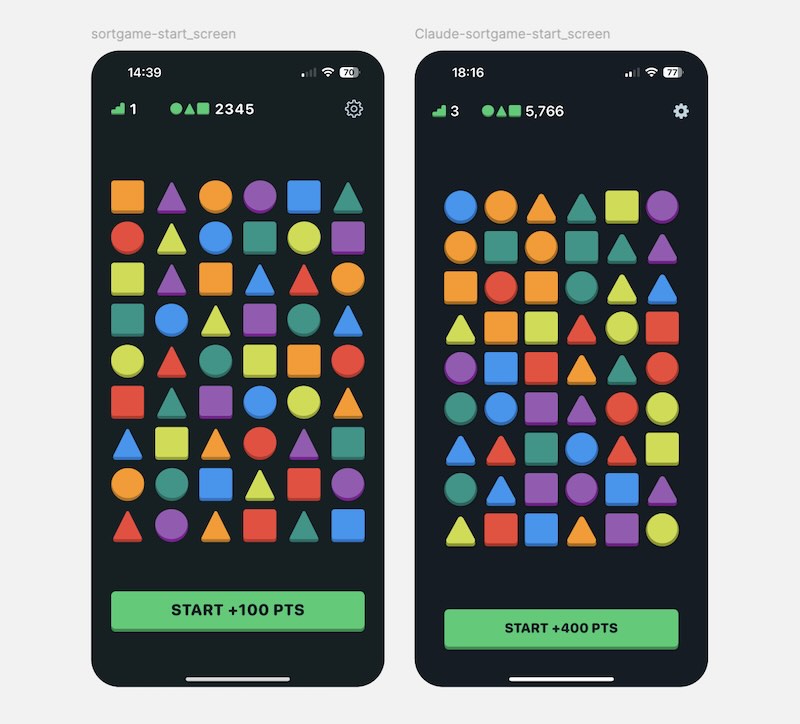 alt Sort game 4 screens comparing the Figma design and the app built by Claude