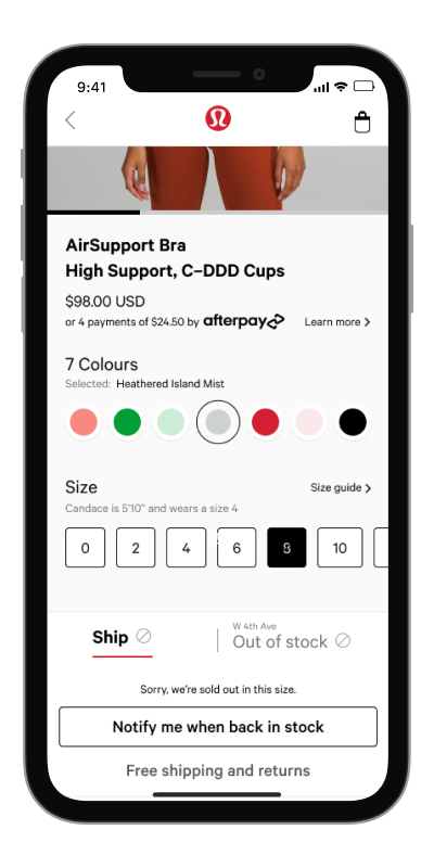 lululemon Back in stock notifications start screen