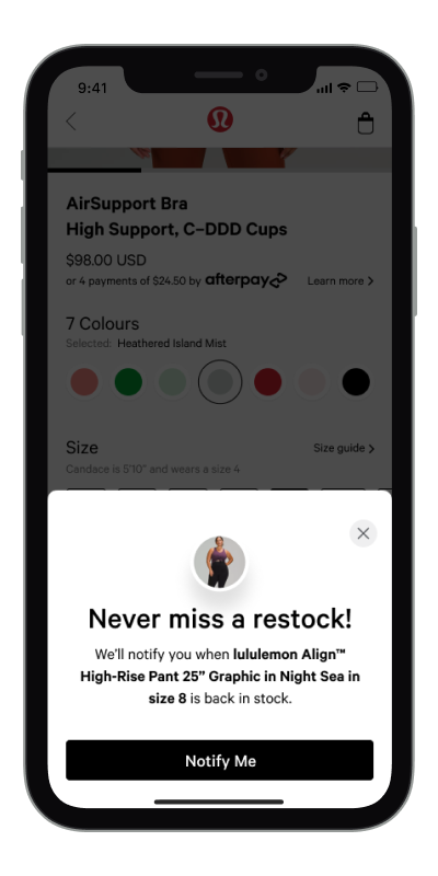 lululemon Back in stock notifications