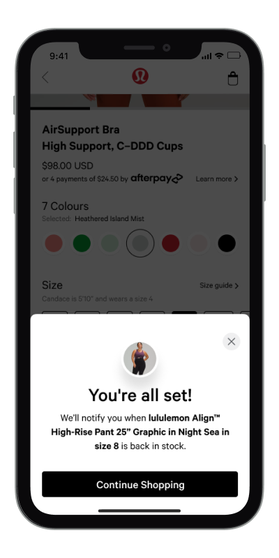 lululemon Back in stock notifications confirm screen