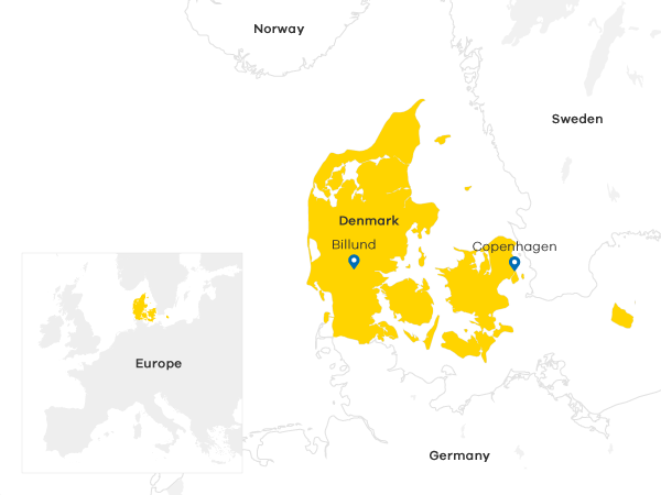 Map of Denmark showing location of Billund and Copenhagen