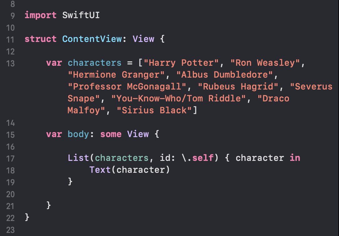 SwiftUI List container code to display an array of Harry Potter character names