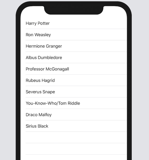 Xcode SwiftUI preview on an iPhone 11 showing a List view of Harry Potter character names