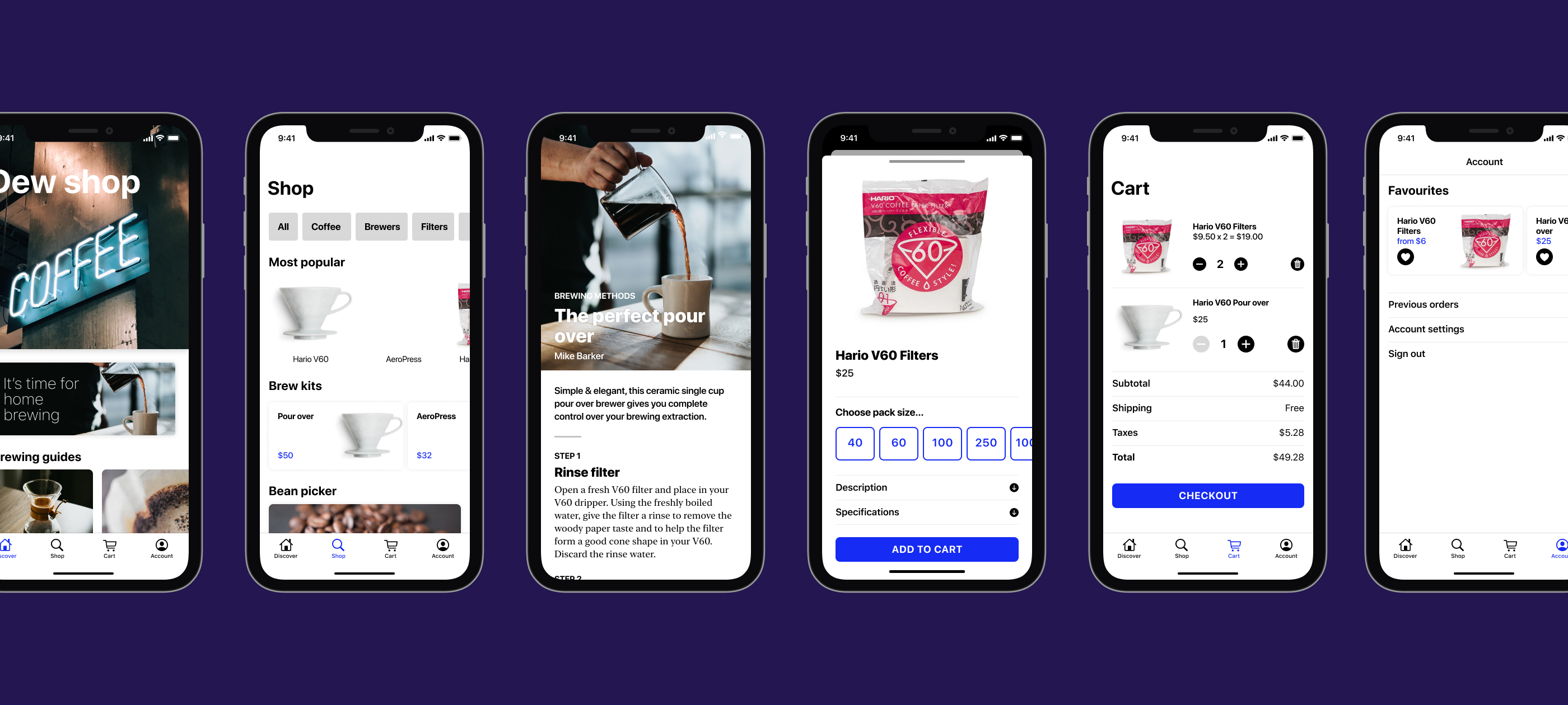 A few sample screens from a coffee shop ecommerce app